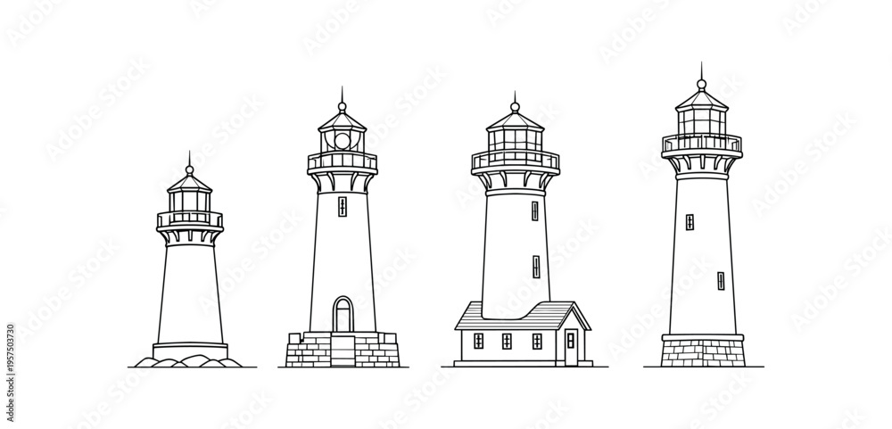 Obraz premium Four black outline lighthouse illustrations in simple line art with varied bases and lantern details