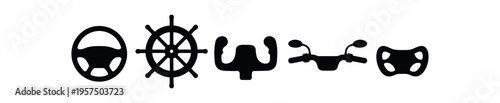Row of five control and steering icons including steering wheel and ship helm