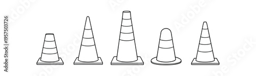 Traffic cone row, safety equipment symbol flat vector illustration