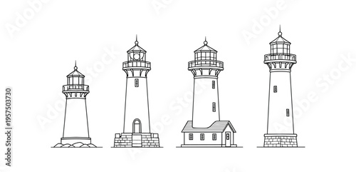 Four black outline lighthouse illustrations in simple line art with varied bases and lantern details