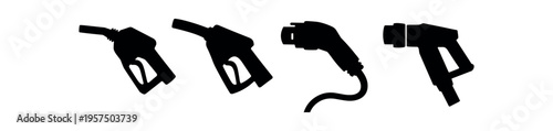 Series of four solid black fuel nozzles and an electric charging plug silhouette