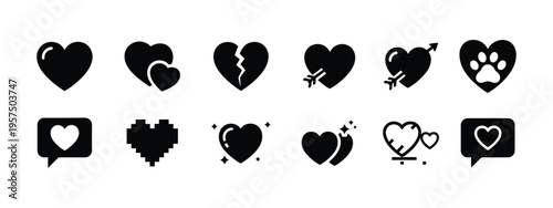 Collection of black heart icons and symbols
