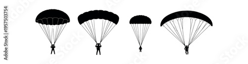 Row of four black silhouette parachutes with hanging jumpers in different canopy shapes and sizes