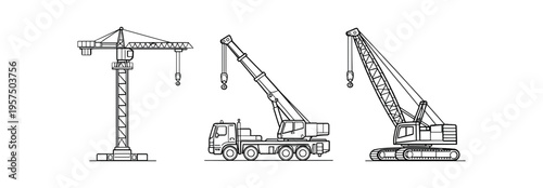 Three black outline crane types in a row including tower crane mobile truck crane and crawler crane