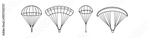 Line art row of four detailed parachutes with harnesses and suspension lines in different shapes