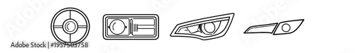 Black outline icons of a steering wheel and three different headlight and lamp shapes