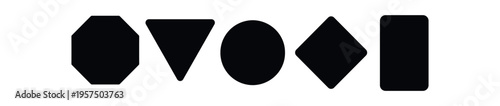Five solid black geometric shape silhouettes in a row including octagon and rounded rectangle