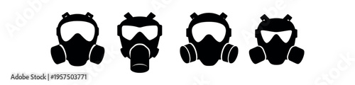 Four black silhouette gas masks in simple flat icon style