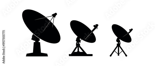 Satellite dish trio, communication antenna symbol flat vector icon