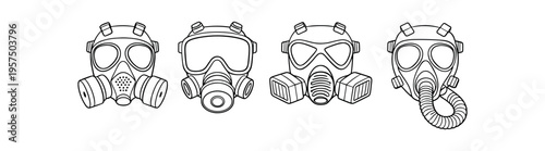 Four line art gas mask illustrations showing different respirator styles