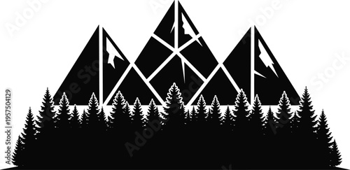 Stylized black and white mountain landscape illustration with geometric triangular peaks, snowy details, and dense coniferous forest foreground symbolizing nature, wilderness, outdoor