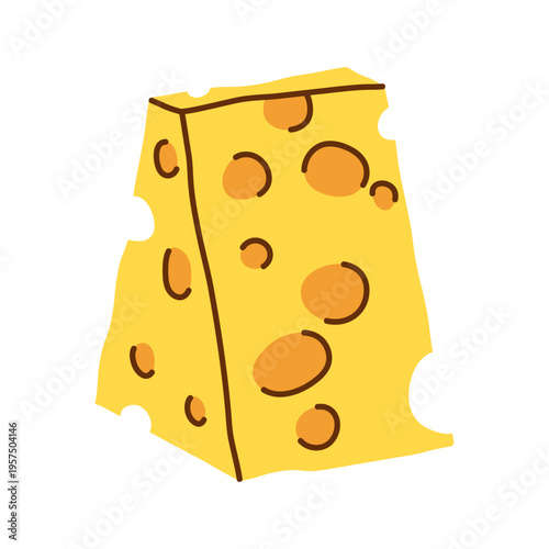 Large upright Piece of Yellow Cheese with Holes, hand drawn cartoon food illustration