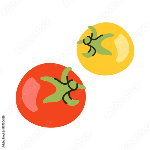 Top view of Red and Yellow Tomato with green sepals isolated on white background vector