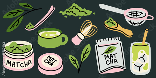 Hand drawn matcha tea ceremony set with whisk, bowl and powder on dark background