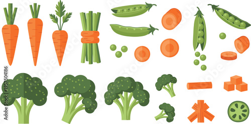 Comprehensive Vegetable Vector Set with Carrots Broccoli and Green Peas Featuring Whole Slices Cubes and Bundled Stalks for Healthy Cooking and Nutrition Graphics