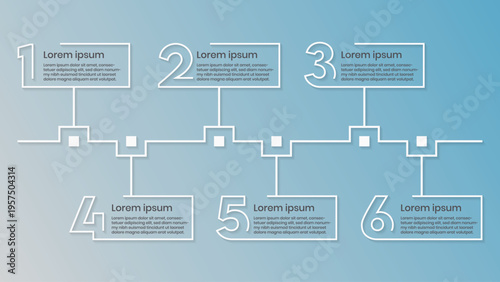 Infographic timeline template with six numbered steps and placeholder text on a blue gradient background
