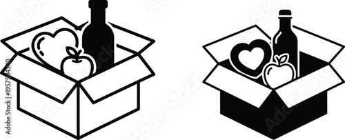 Two open boxes with wine bottles and food items