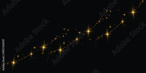 Golden confetti wave combined with glowing stardust particles and shimmering glitter, forming a luminous festive effect ideal for Christmas, New Year cards, invitations, and decorative overlays