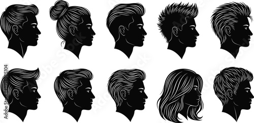 set, of, male, and, female, head, profile, silhouettes, with, various, hairstyles, isolated, on, white, background, barber, fashion, beauty, collection, concept