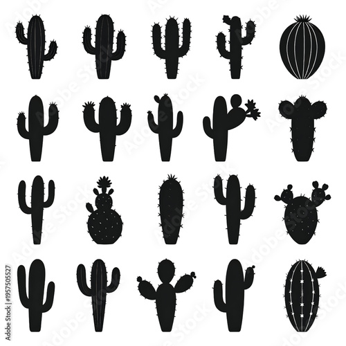 A collection of twenty distinct black cactus silhouettes arranged in a neat four by five grid