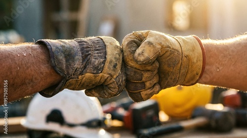 Close-up of construction workers in dirty leather gloves giving a fist bump, Industrial teamwork concept, Teamwork and success, Hard work and collaboration
