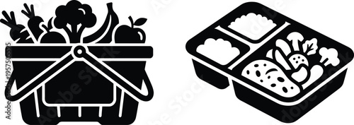 Black Food Icons Set with Gift Basket and Bento Lunch Box Illustration