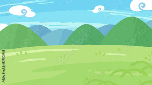 和風な雰囲気のある草原と山の背景イラスト_16:9