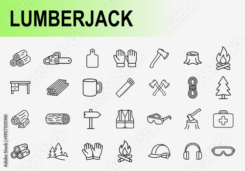 Lumberjack tools and wood industry equipment line icons set, vector.