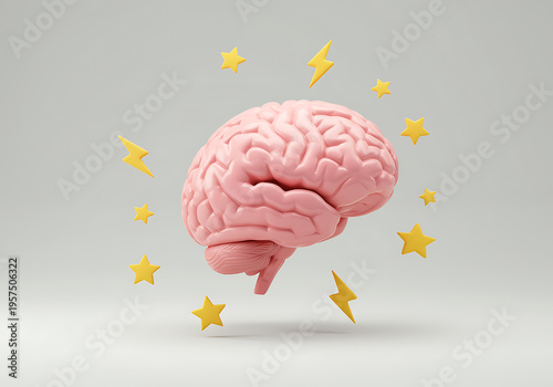 Pink 3D human brain model surrounded by yellow stars and lightning bolts symbolizing ideas transparent background