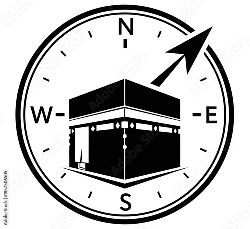 Black and white illustration of a compass with Kaaba in the center