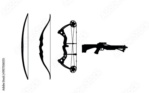 Traditional bow crossbow rifle, modern and historical weapon symbol flat vector icon