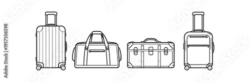 Four detailed outline luggage items including trolley suitcases and duffel bag