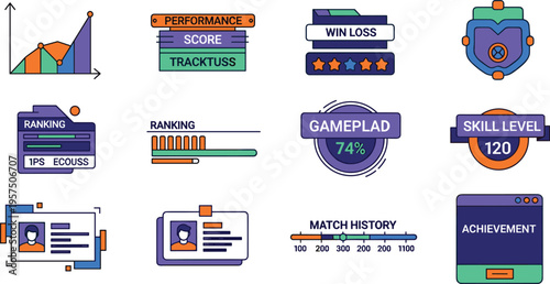Gaming KPI and player performance analytics data icon set