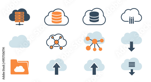Cloud computing and data storage technology icons.