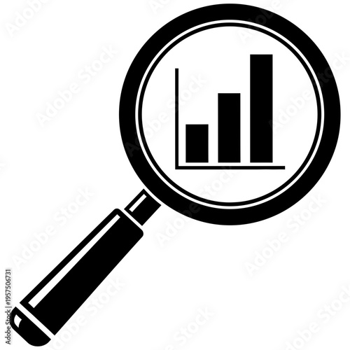 Magnifying glass with bar chart graph for data analysis and research purposes
