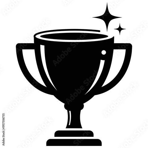 Black trophy cup icon with sparkling stars symbolizing achievement and success