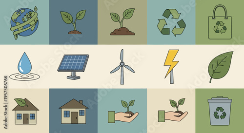 Collection of eco-friendly and sustainable energy icons.