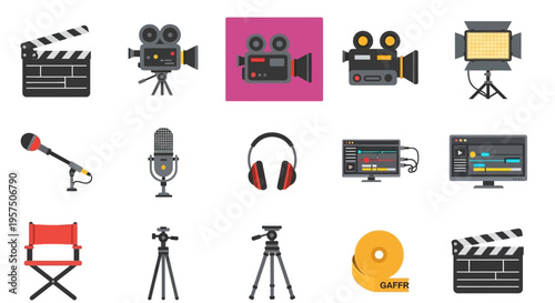 Collection of Film Production Equipment and Tools for Filmmaking.