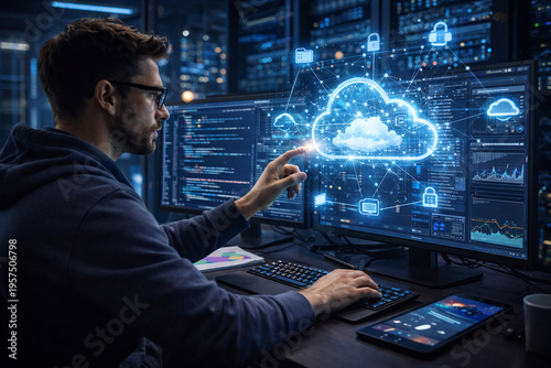 Cloud Data Management: A skilled system administrator navigates a complex data landscape, expertly managing and securing cloud-based information in a modern technological environment.