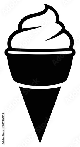Ice cream cone with a swirl of creamy white ice cream in a black cone