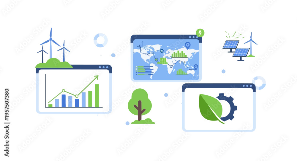 Fototapeta premium Global Green Energy Analytics: Sustainable Technology, Renewable Growth, and Environmental Data Trends
