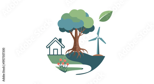 Environmentally Conscious Living: House, Tree, Wind Power, Sustainable Earth Concept