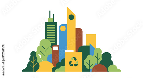 Sustainable Green City Illustration with Recycling Symbol & Modern Architecture. Eco-Friendly Urban Landscape Design Concept.