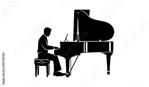 Side view silhouette of man playing grand piano vector elegant music performance isolated on white background