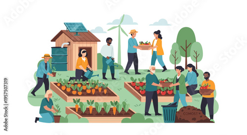 Diverse Community Working Together in Sustainable Urban Garden with Organic Farming, Solar Power & Wind Energy