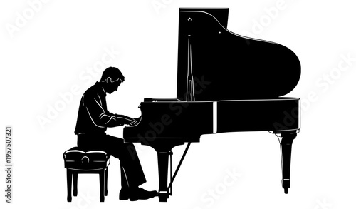 Elegant man playing grand piano silhouette side view vector illustration isolated on white background