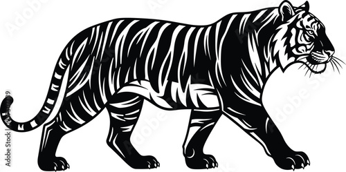 Black and white tiger silhouette vector illustration with detailed stripes for wildlife conservation branding jungle animal theme mascot design and nature related projects.