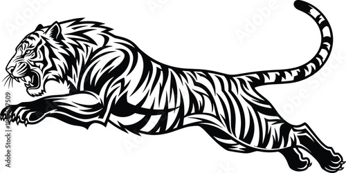 Black and white leaping tiger silhouette vector illustration with detailed stripes for wildlife protection branding jungle predator theme mascot design