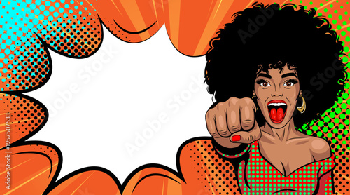Pop Art African American Woman with Afro Hair Pointing Finger - Retro Comic Book Style Illustration with Orange Red Speech Bubble