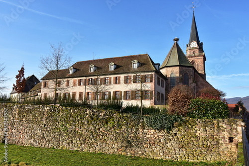 church and bulwark in french village Hunawihr,France